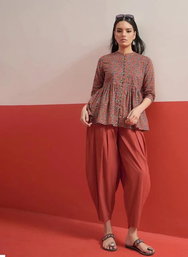 Sassafras Maroon Geometric Peplum Top And Balloon Pants Co-Ord Set
