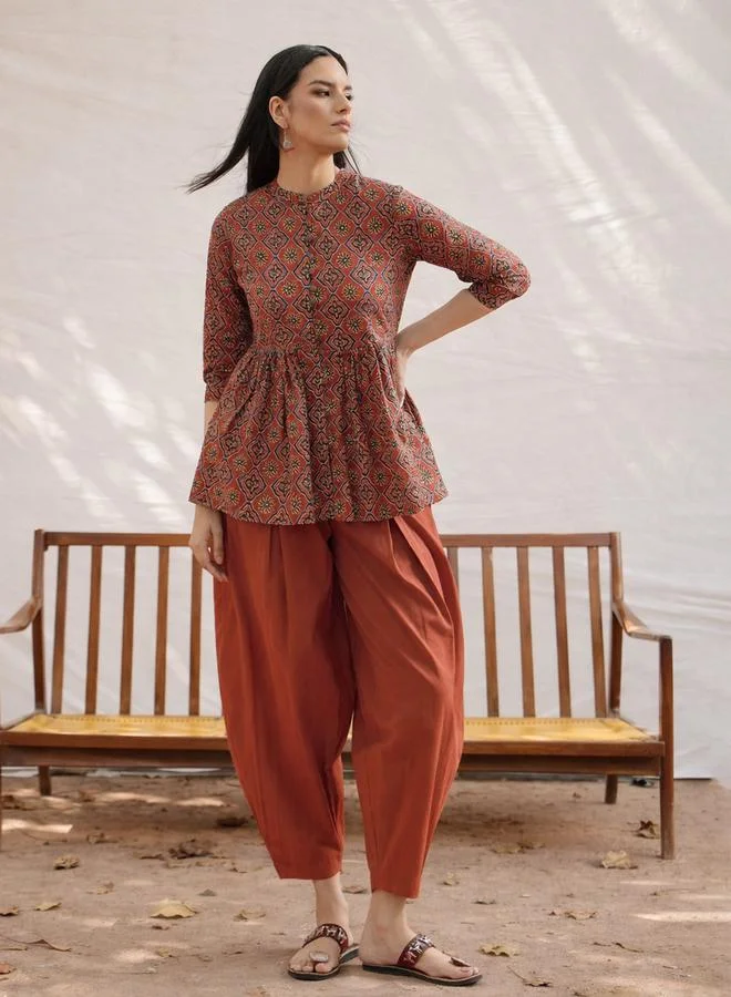 Maroon Geometric Peplum Top And Balloon Pants Co-Ord Set