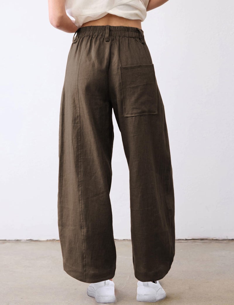 Tanming Womens Linen Pants Casual Capri Baggy Wide Leg Trousers Palazzo Pants Beach Vacation Outfits (Coffee-M) - Image 3