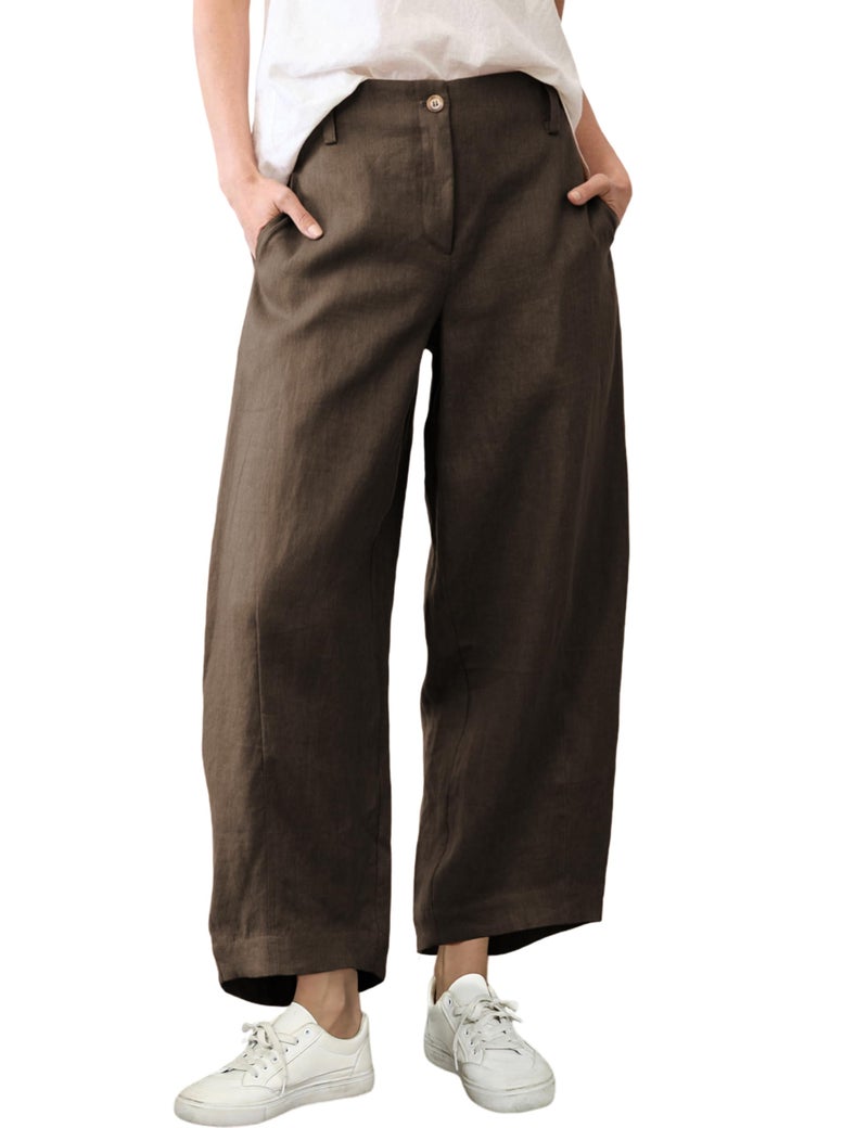 Tanming Womens Linen Pants Casual Capri Baggy Wide Leg Trousers Palazzo Pants Beach Vacation Outfits (Coffee-M) - Image 1