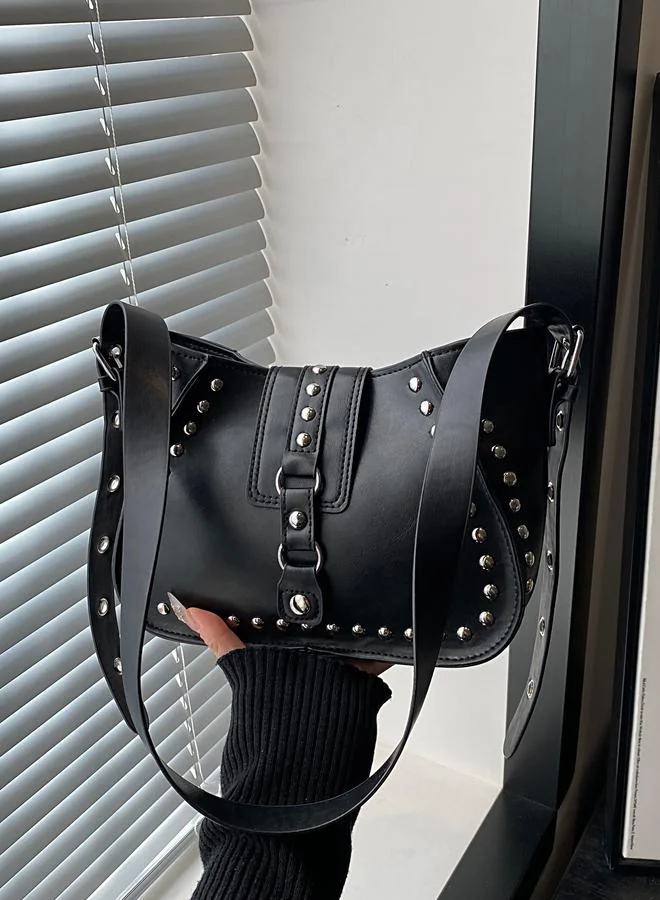 Take Two Black Studded Shoulder Bag