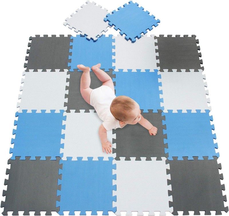 meiqicool Foam Play Mat Thick Soft EVA Interlocking Foam Floor Mats Children Yoga Exercise Multi Jigsaw Puzzle Blocking Board Kids Playmats Play White-Blue-Grey 18 Piece AGL - Image 1