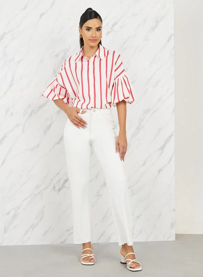 Styli Striped Button Front Balloon Sleeve Shirt