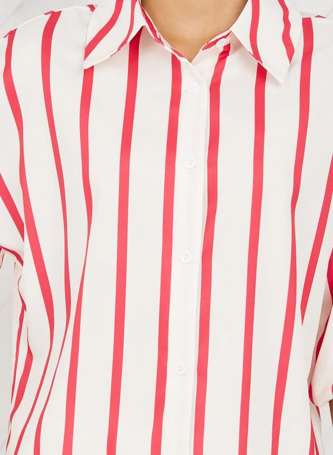 Styli Striped Button Front Balloon Sleeve Shirt