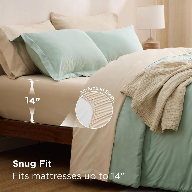 Bedsure King Size Comforter Set Sage Green, 7 Pieces Lightweight King Bedding Sets Boho, Bed in a Bag with Comforter, Sheets, Pillowcases & Shams, Contrasting Design - Image 5