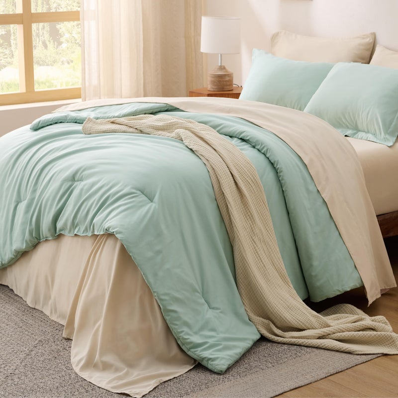 Bedsure King Size Comforter Set Sage Green, 7 Pieces Lightweight King Bedding Sets Boho, Bed in a Bag with Comforter, Sheets, Pillowcases & Shams, Contrasting Design - Image 1