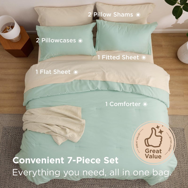 Bedsure King Size Comforter Set Sage Green, 7 Pieces Lightweight King Bedding Sets Boho, Bed in a Bag with Comforter, Sheets, Pillowcases & Shams, Contrasting Design - Image 3