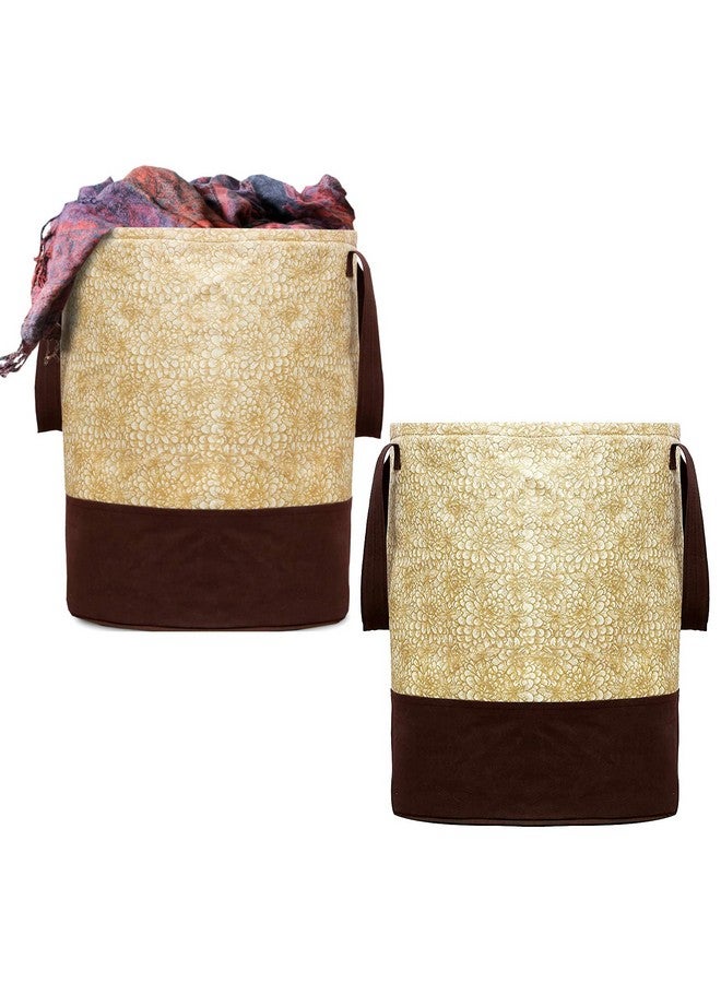 Kuber Industries Non-Woven Round Laundry Basket For clothes|Metalic Print Foldable Toy Storage Organizer|Reinforced Handle With Sturdy Base 45 LTR|Pack of 2 (Beige) - Image 1