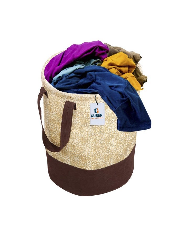 Kuber Industries Non-Woven Round Laundry Basket For clothes|Metalic Print Foldable Toy Storage Organizer|Reinforced Handle With Sturdy Base 45 LTR|Pack of 2 (Beige) - Image 2