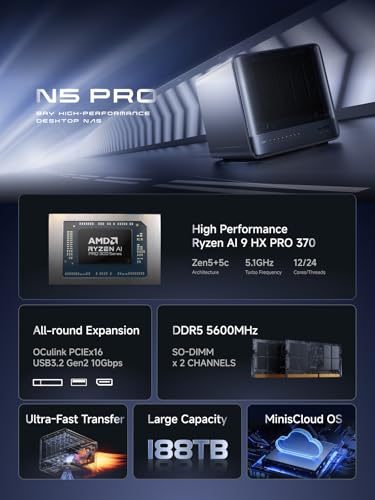MINISFORUM Desktop NAS N5 Pro 5 Bay 128GB SSD,AMD Ryzen AI 9 HX PRO 370(12C/24T) DDR5 RAM Slots, 1*10Gbe,1*5Gbe, 2*USB4(8K), 8K HDMI,1xM.2 Slot & 2xU.2/M.2 Slots Up to 188T, Network Attached Storage - Image 2