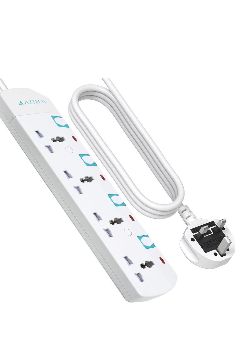 Aztech 4 Way 5M 3250W Power Extension Cord 4 Universal Outlets Electrical Strip Cable UK Plug Individual Switches & LED Indicators ECAS Certified Power Strip Surge Protector Electronics Power Strips - Image 1