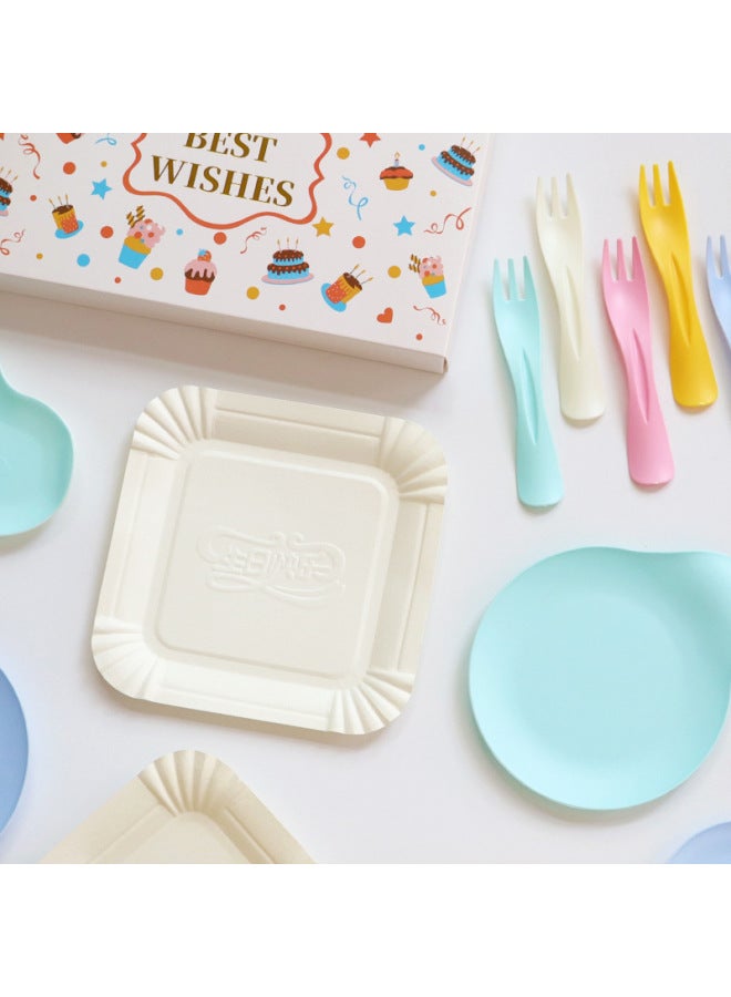 Birthday Dinner Plate Cake Tableware Food Grade Plastic Dinner Plate Disposable Paper Plate Candle Wet Wipes Four-in-one-Color:Luxurious Colorful Water Droplets For Ten People - Image 2