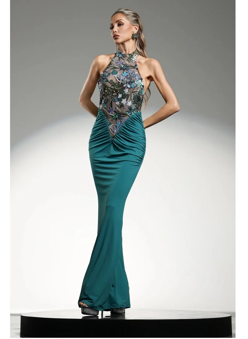 Bella Barnett  Eigra Halter Sleeveless Fold Blue Maxi Dress for Women | Best Price UAE