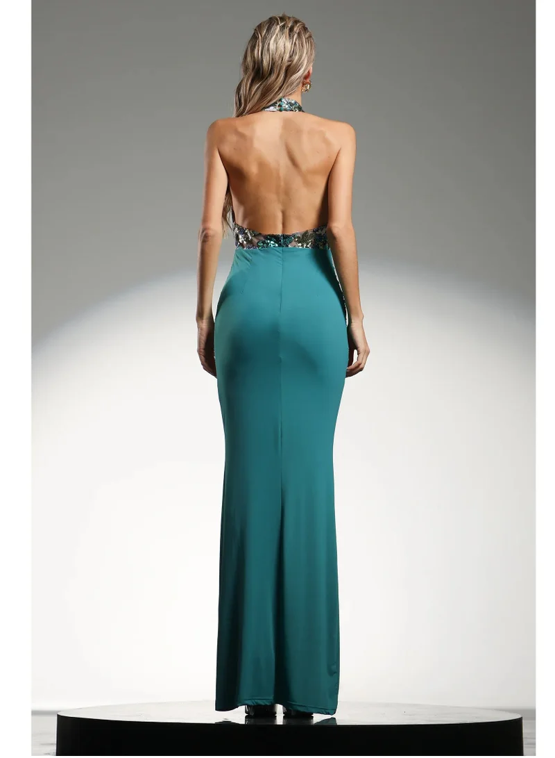 Bella Barnett  Eigra Halter Sleeveless Fold Blue Maxi Dress for Women | Best Price UAE