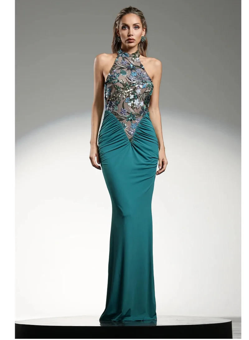 Eigra Halter Sleeveless Fold Blue Maxi Dress