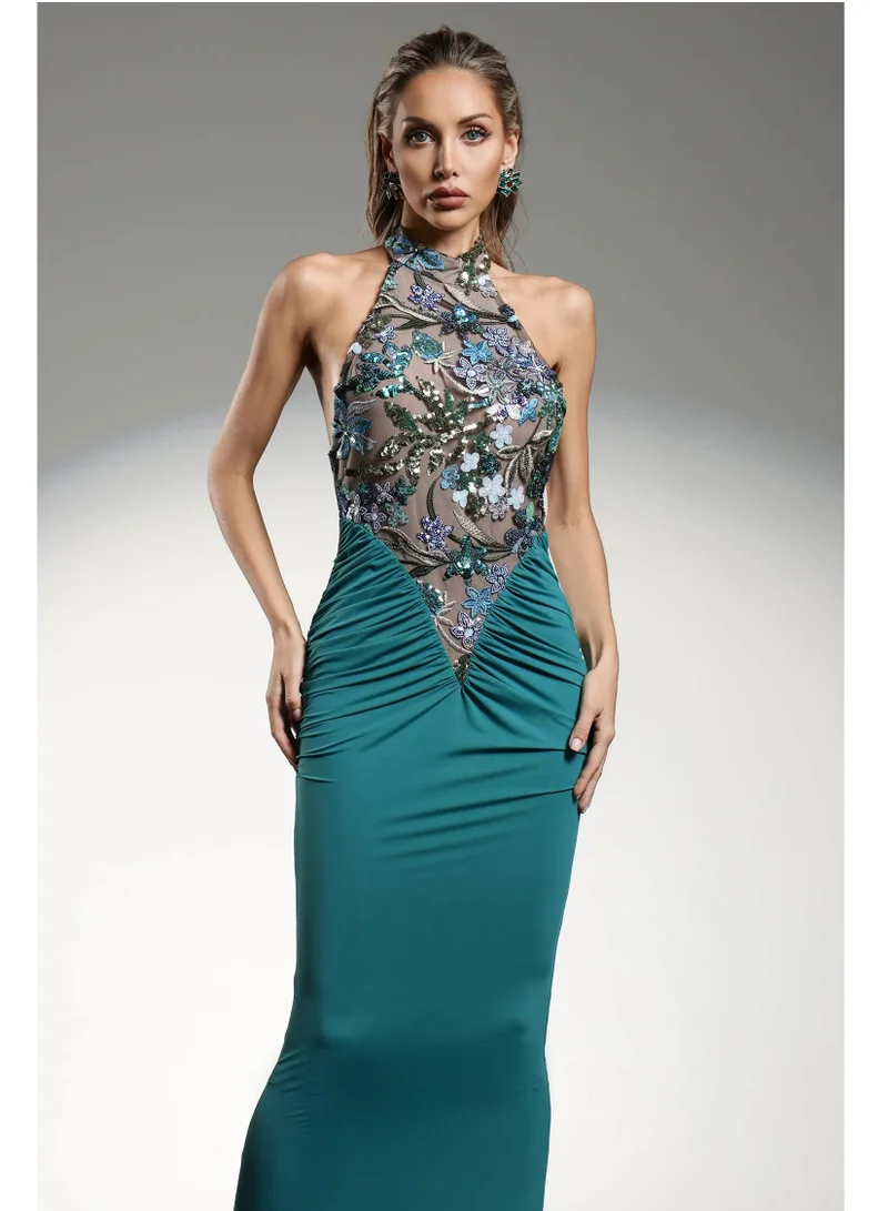 Bella Barnett  Eigra Halter Sleeveless Fold Blue Maxi Dress for Women | Best Price UAE