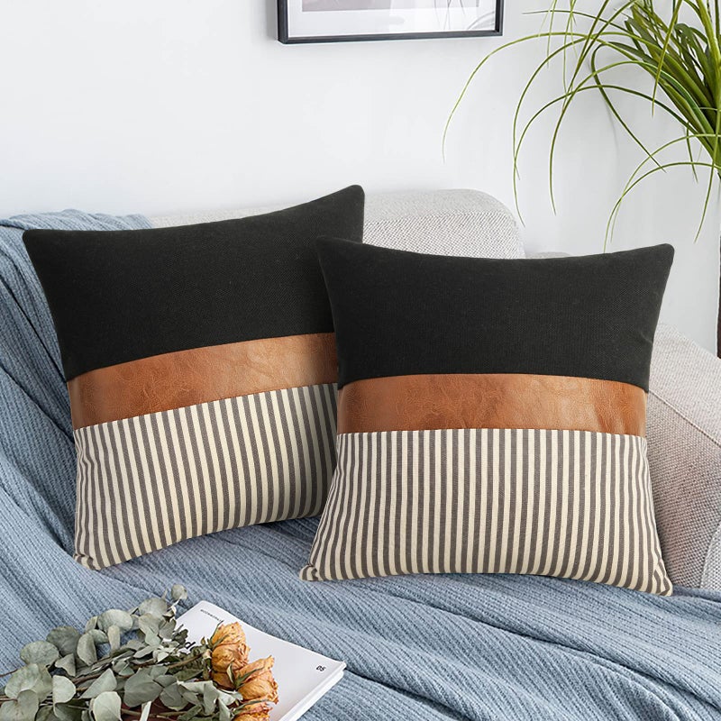 cygnus Set of 2 Farmhouse Decor Stripe Patchwork Black Linen Throw Pillow Covers Modern Tan Faux Leather Accent Pillow Covers 18x18 inch Grey Stripe - Image 1