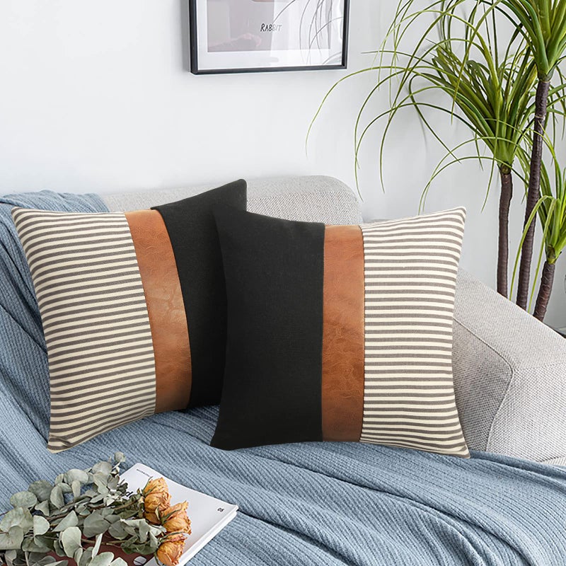 cygnus Set of 2 Farmhouse Decor Stripe Patchwork Black Linen Throw Pillow Covers Modern Tan Faux Leather Accent Pillow Covers 18x18 inch Grey Stripe - Image 2