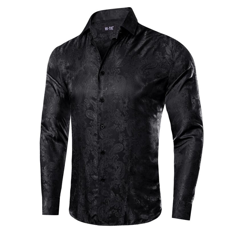 Hi-Tie Men Dress Shirts Long Sleeve Casual Button Down Regular Fit Shirts Formal Wedding Button Up Business Party Shirt,Black,Medium - Image 2