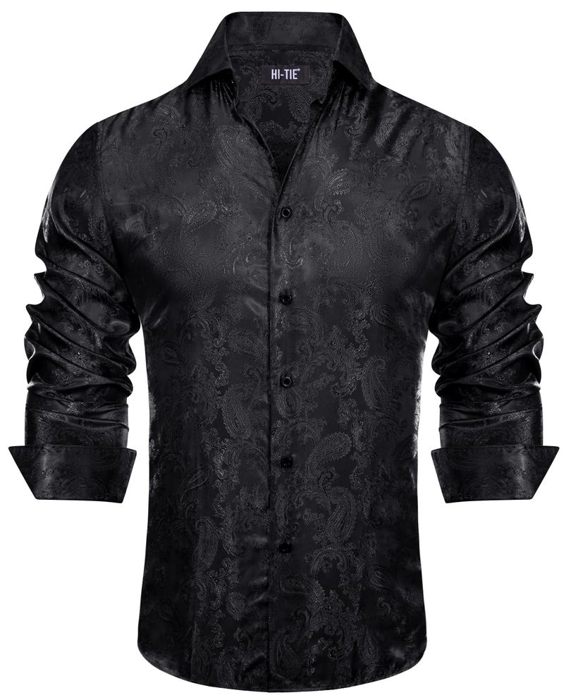 Hi-Tie Men Dress Shirts Long Sleeve Casual Button Down Regular Fit Shirts Formal Wedding Button Up Business Party Shirt,Black,Medium - Image 1