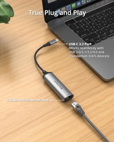 BrosTrend 5Gb USB C to Ethernet Adapter, Aluminum Ethernet to Type C Network Adapter Plug & Play for Windows MacOS etc., Compatible with Dell XPS, MacBook, iPad (Thunderbolt 5/4/3) Lifetime Protection - Image 3