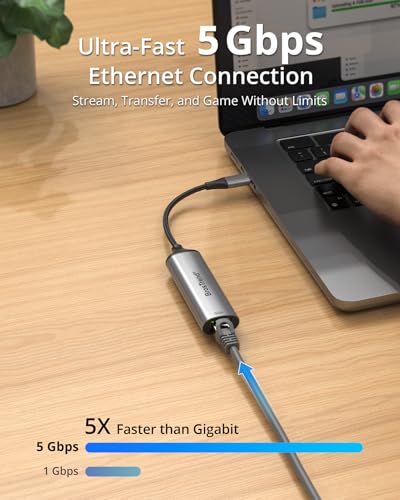 BrosTrend 5Gb USB C to Ethernet Adapter, Aluminum Ethernet to Type C Network Adapter Plug & Play for Windows MacOS etc., Compatible with Dell XPS, MacBook, iPad (Thunderbolt 5/4/3) Lifetime Protection - Image 2
