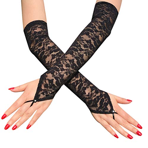 Seeksmile Women Bridal Long Floral Lace Finger Loop Gloves (Black) - Image 1