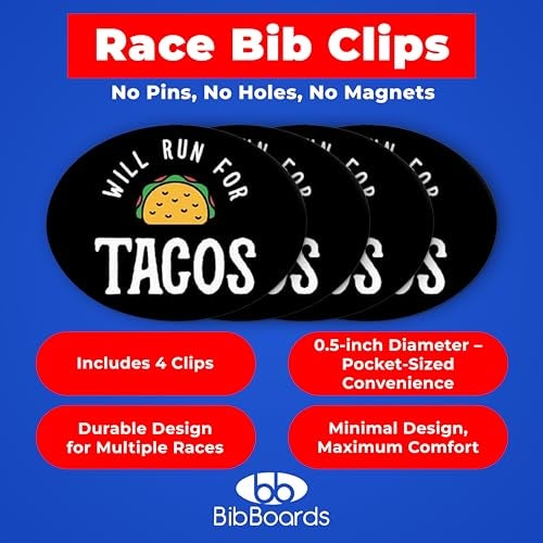 BibBoards bibSNAPS Race Bib Clips - Safety Fasteners, Secures Running, Marathon, Cycling Event Number, Non Magnetic, Easy to Use, Snap & Lock, Replacement for Pins & Magnets, Will Run for Tacos (4pcs) - Image 2