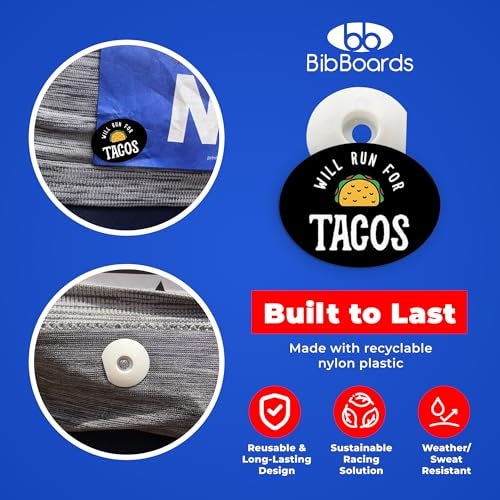 BibBoards bibSNAPS Race Bib Clips - Safety Fasteners, Secures Running, Marathon, Cycling Event Number, Non Magnetic, Easy to Use, Snap & Lock, Replacement for Pins & Magnets, Will Run for Tacos (4pcs) - Image 5