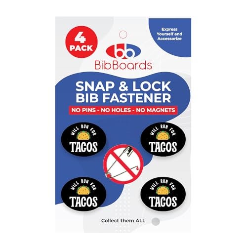 BibBoards bibSNAPS Race Bib Clips - Safety Fasteners, Secures Running, Marathon, Cycling Event Number, Non Magnetic, Easy to Use, Snap & Lock, Replacement for Pins & Magnets, Will Run for Tacos (4pcs) - Image 1