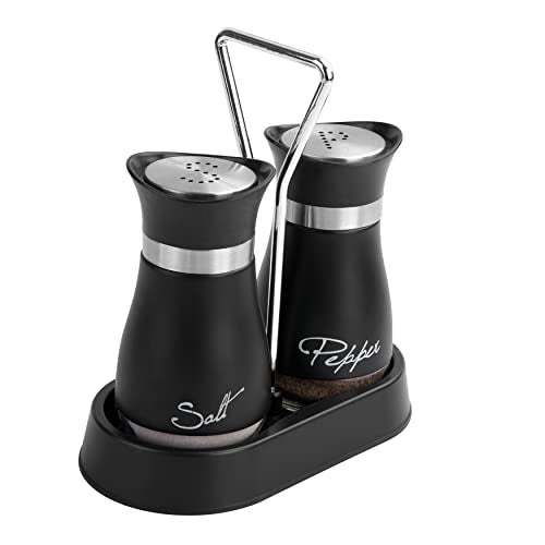 Wartter 2 PCS - Stainless Steel and Glass Salt and Pepper Shaker Sets with Holder (BLACK) - Image 1