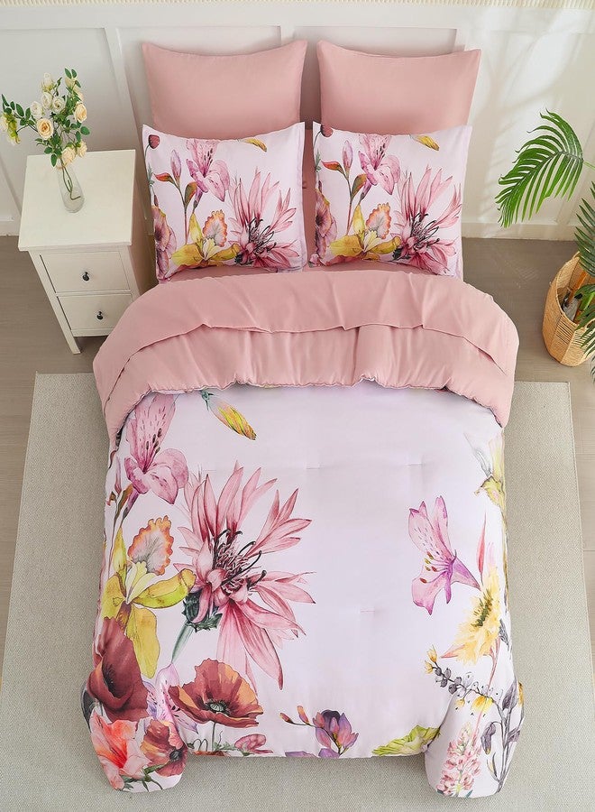 Yogeneg Queen Comforter Set 7 Piece Bed in a Bag,Elegant Floral Botanical Pattern Pink Bedding Set,Soft Microfiber Comforter with Sheet Set,All Season Bed Set(Blush Floral,Queen) - Image 3