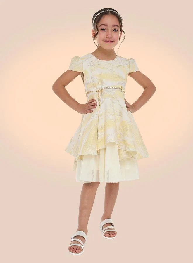 victor and jane Girls Jacquard Festive Dress with Bow Belt