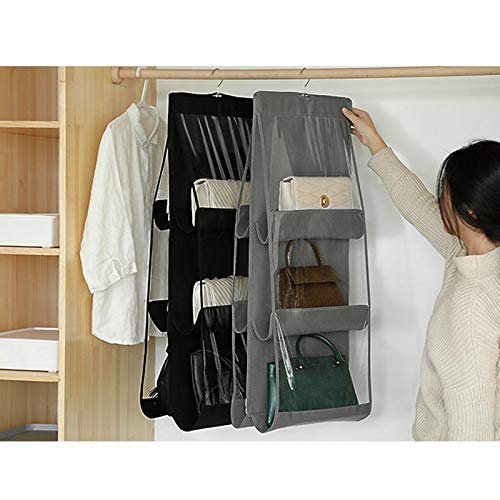 Coolkart 6 Pocket Foldable Hanging Purse Handbag Organizer for Storage Ladies Women Large Clear Hand Bag Storage Organizer 90cmx35 cm Grey Pack of 1 - Image 4