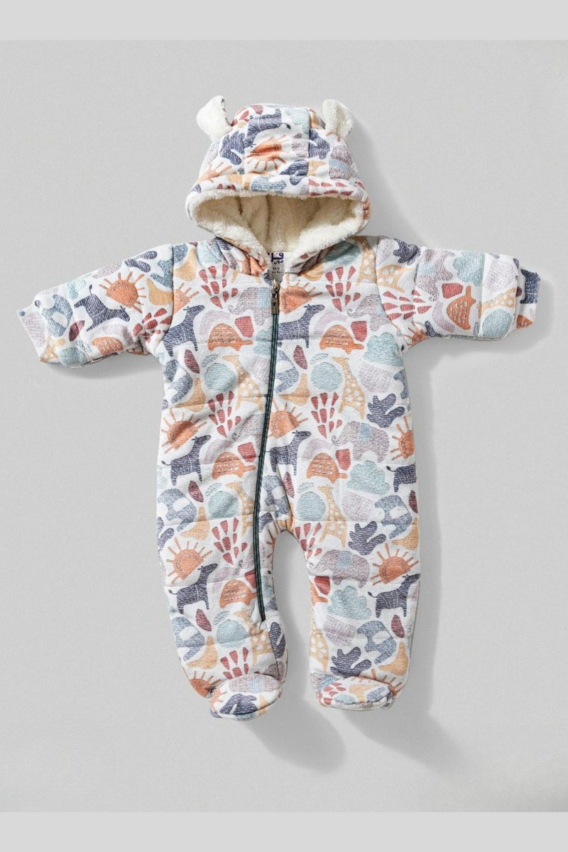 full moon 1 Baby Winter Snowsuit with Hood, Animal Print, Fleece-Lined Zip-Up Romper