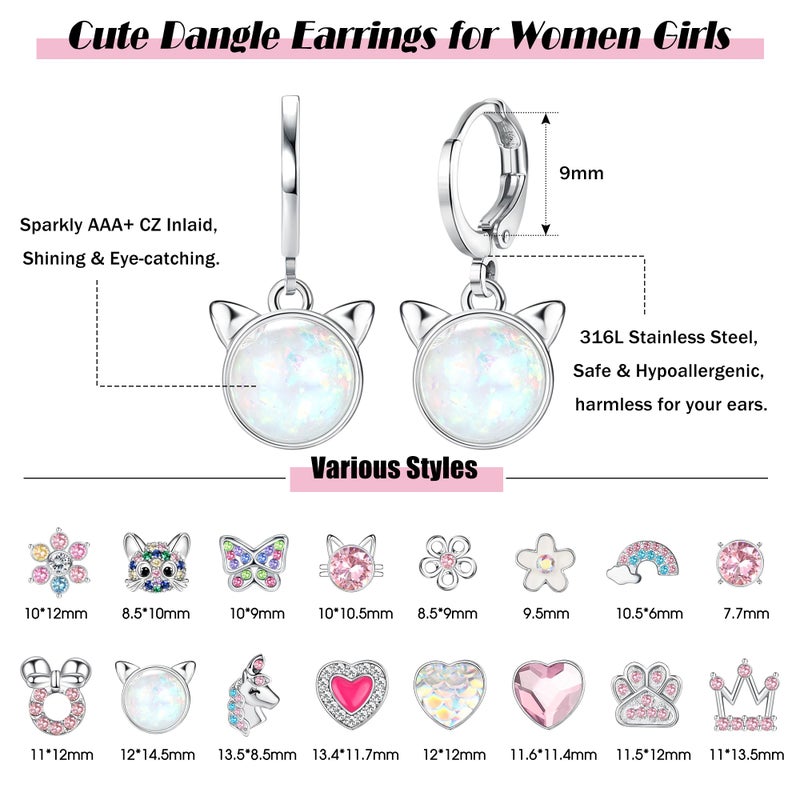 Besteel 16Pairs Hypoallergenic Earrings for Girls Women Stainless Surgical Steel Huggie Hoop Earring Set Sensitive Ears Cute Dangle Pink Kids Toddler Jewelry with Charm Silver Age: over 4 years old - Image 2