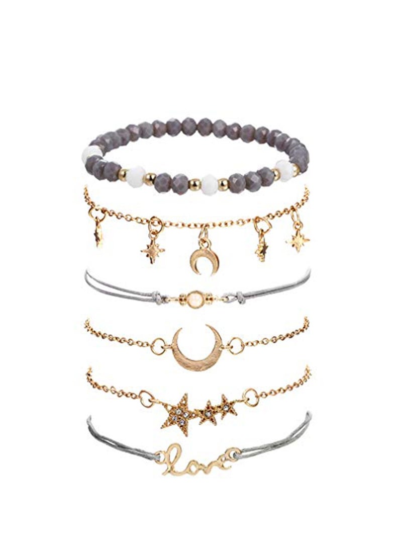 SOLARAE Fashion Beaded Bracelets for Women, Adjustable Charm Pendent Stack Bracelets Set Gold Moon Hand Catenary Star Love Hand Chain Pearl Bracelet Set of 6 - Image 1