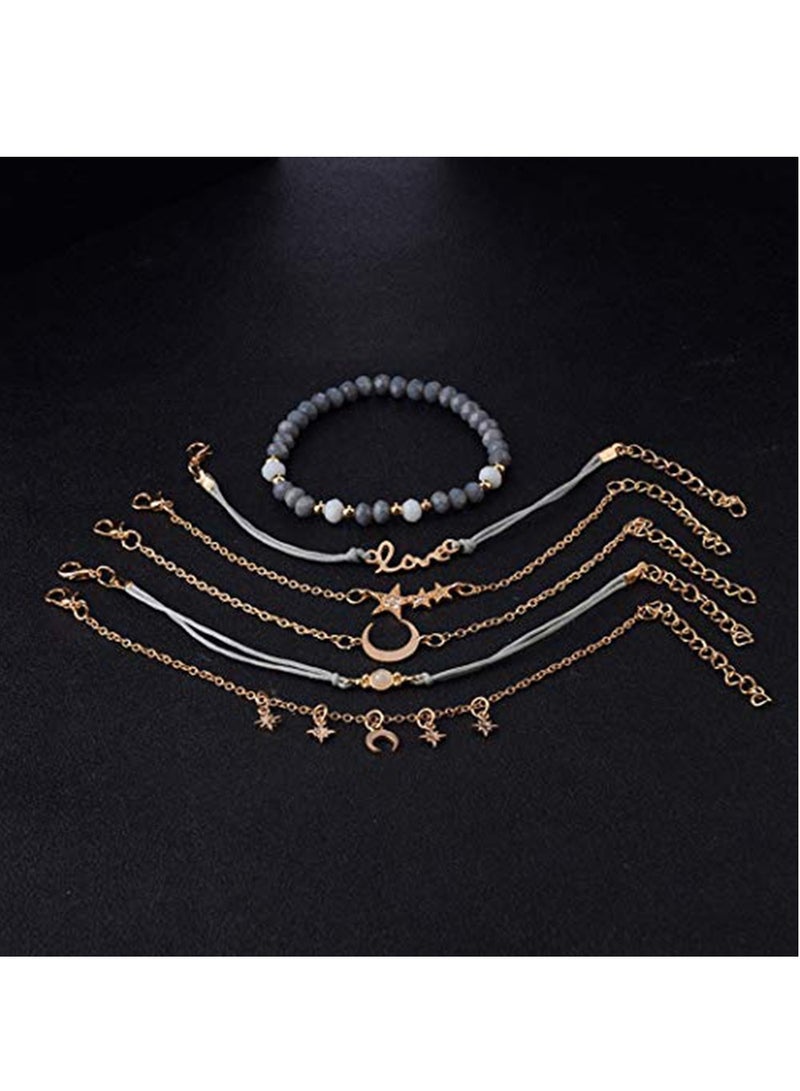 SOLARAE Fashion Beaded Bracelets for Women, Adjustable Charm Pendent Stack Bracelets Set Gold Moon Hand Catenary Star Love Hand Chain Pearl Bracelet Set of 6 - Image 5