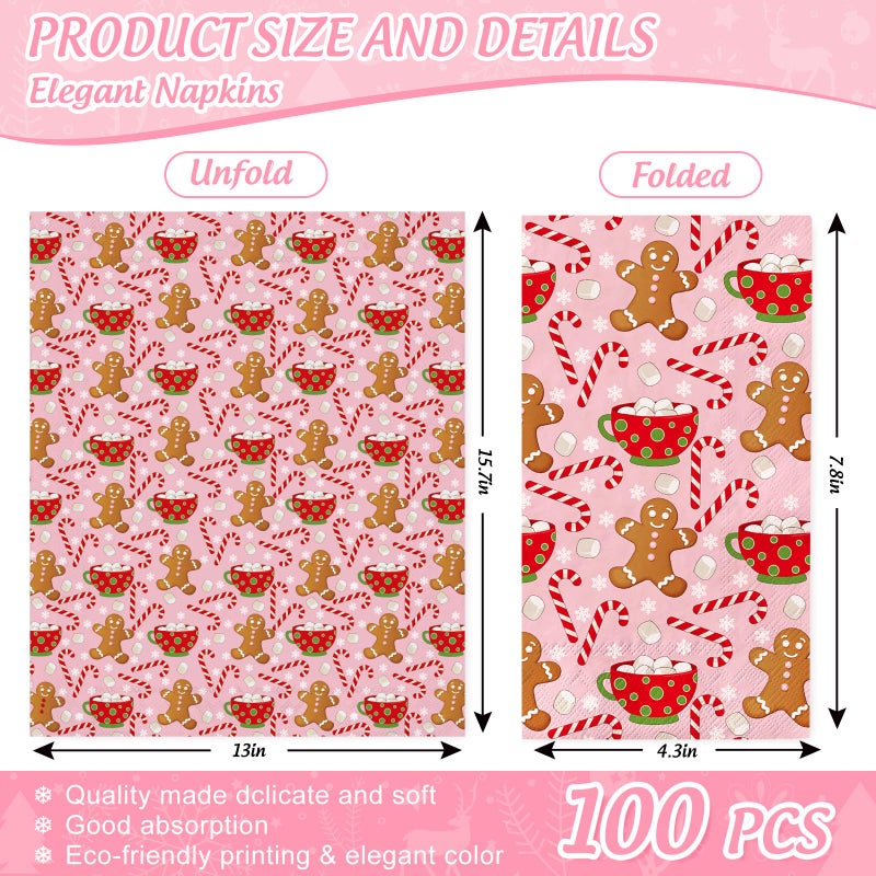 AnyDesign 100Pcs Christmas Paper Guest Napkins Gingerbread Man Candy Cane Snowflake Bathroom Napkins Xmas Winter Disposable Guest Hand Towel Napkin for Home Party Supplies - Image 2