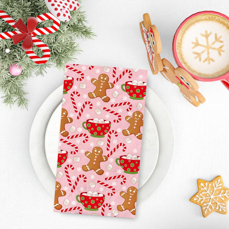 AnyDesign 100Pcs Christmas Paper Guest Napkins Gingerbread Man Candy Cane Snowflake Bathroom Napkins Xmas Winter Disposable Guest Hand Towel Napkin for Home Party Supplies - Image 3