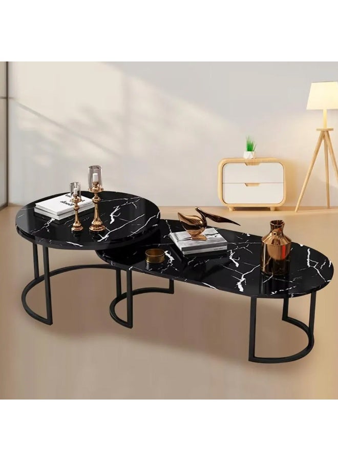 DubaiGallery طاولة قهوة متداخلة بتصميم حديث بلمسة رخامية مزيفة مجموعة من 2 واحدة دائرية وأخرى بيضاوية مع قاعدة فولاذية ذهبية تصميم موفر للمساحة زجاج طاولة مقسى بسمك 3 مم مقاوم للماء والخدوش مثالية للمنزل غرفة المعيشة غرفة النوم في الهواء الطلق حديقة فناء أو المساحات الصغيرة طاولة نهاية متعددة الاستخدامات، جانب الأريكة، طاولة مركزية طاولات بجانب السرير قابلة للتكديس طاولة تزيين - Image 2