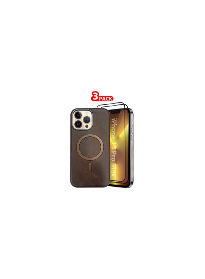 CATANES iPhone 13 Pro Max Leather Case 3 Pack, 1 Case 2 Screen Protectors, Compatible with Magsafe, Vintage Aesthetic, Comfort Grip, Camera Bump Frame