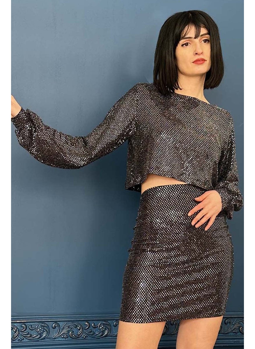 Due Stelle Sequined Black Balloon Sleeve Crop Blouse  - Image 1