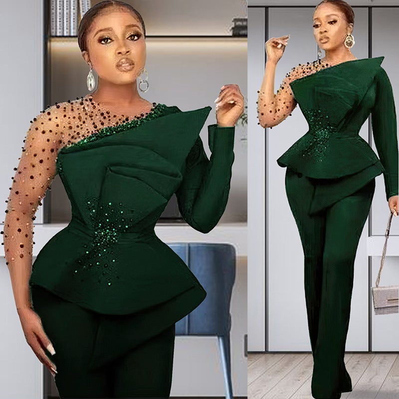 Europe and the United States cross-border Africa Amazon foreign trade large size womens solid color beaded mesh fashion casual pants set 6279 Dark green  - Image 5