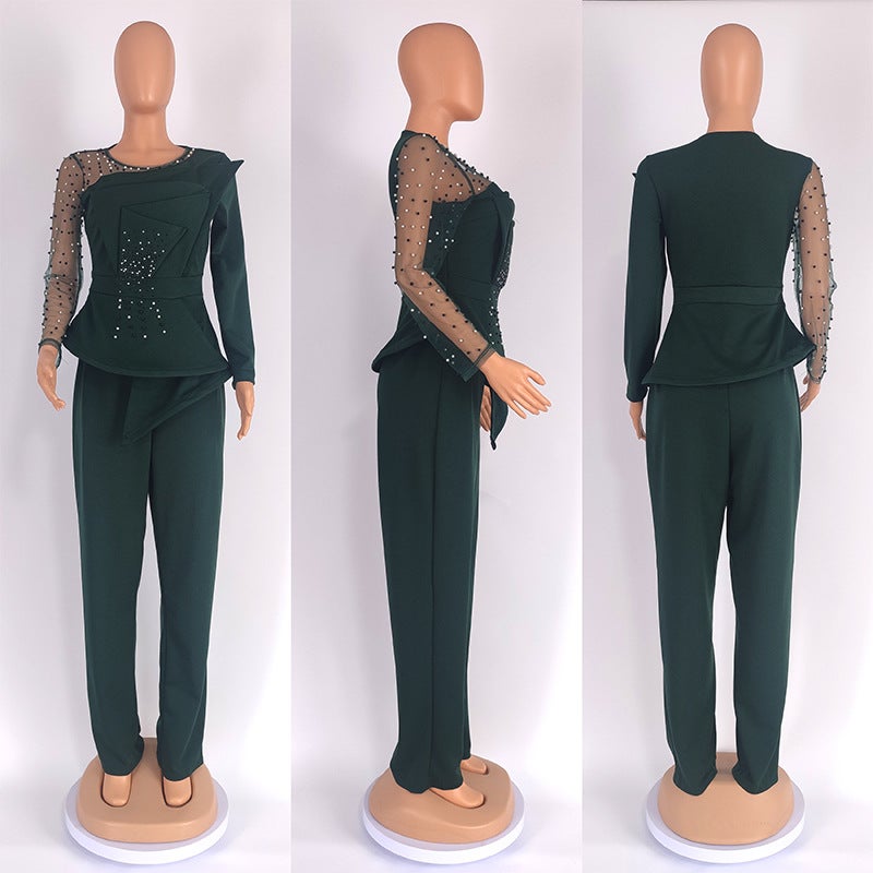 Europe and the United States cross-border Africa Amazon foreign trade large size womens solid color beaded mesh fashion casual pants set 6279 Dark green  - Image 1