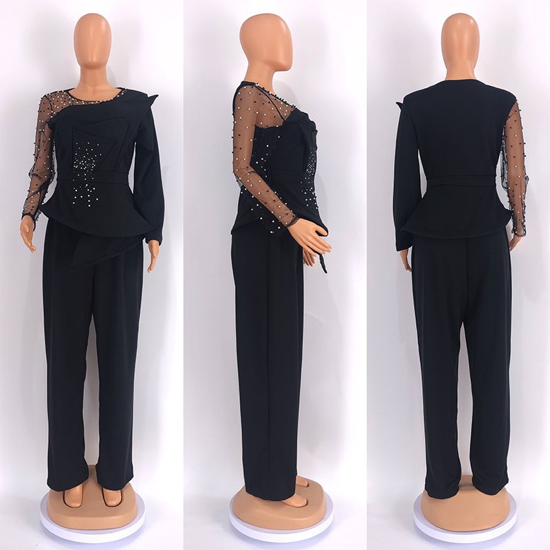 Europe and the United States cross-border Africa Amazon foreign trade large size womens solid color beaded mesh fashion casual pants set 6279 Dark green  - Image 4