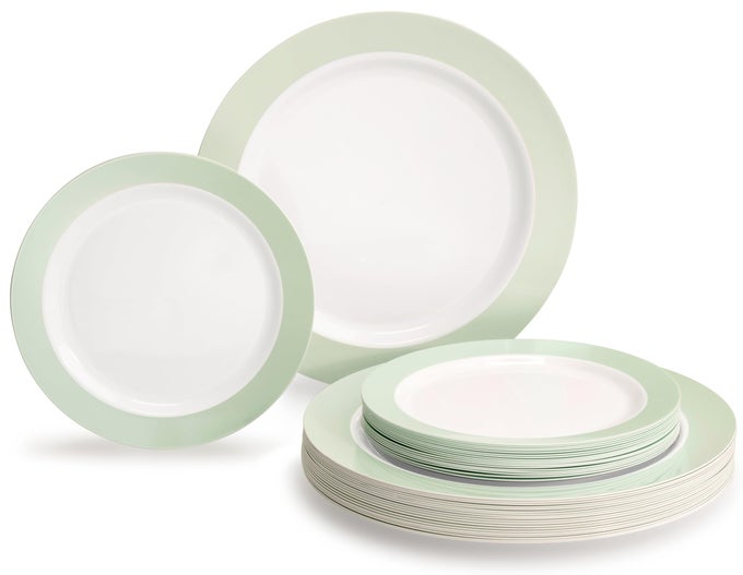 OCCASIONS 50 PLATES PACK 25 GUESTSWEDDING PARTY DISPOSABLE PLASTIC PLATE SET 25 X 105 DINNER 25 X 75 SALADDESSERT PLATES RIO IN WHITE PEARLED GREEN