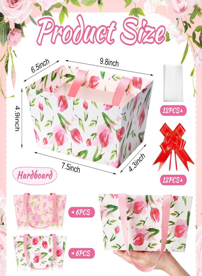 Skyygemm 12 Pcs Floral Mother's Day Baskets Empty for Gift Spring Tulip Rose Pattern Paper Basket with Cellophane Bag Pull Bow for Teacher Appreciation, Baby Shower, Wedding, Anniversary, 9.8 x 6.5 Inch - Image 3