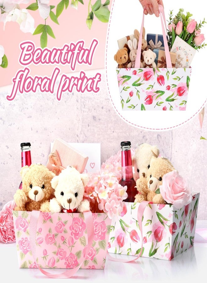 Skyygemm 12 Pcs Floral Mother's Day Baskets Empty for Gift Spring Tulip Rose Pattern Paper Basket with Cellophane Bag Pull Bow for Teacher Appreciation, Baby Shower, Wedding, Anniversary, 9.8 x 6.5 Inch - Image 2