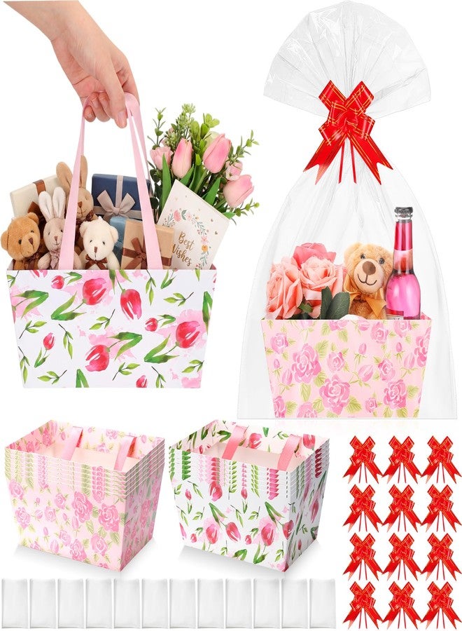 Skyygemm 12 Pcs Floral Mother's Day Baskets Empty for Gift Spring Tulip Rose Pattern Paper Basket with Cellophane Bag Pull Bow for Teacher Appreciation, Baby Shower, Wedding, Anniversary, 9.8 x 6.5 Inch - Image 1